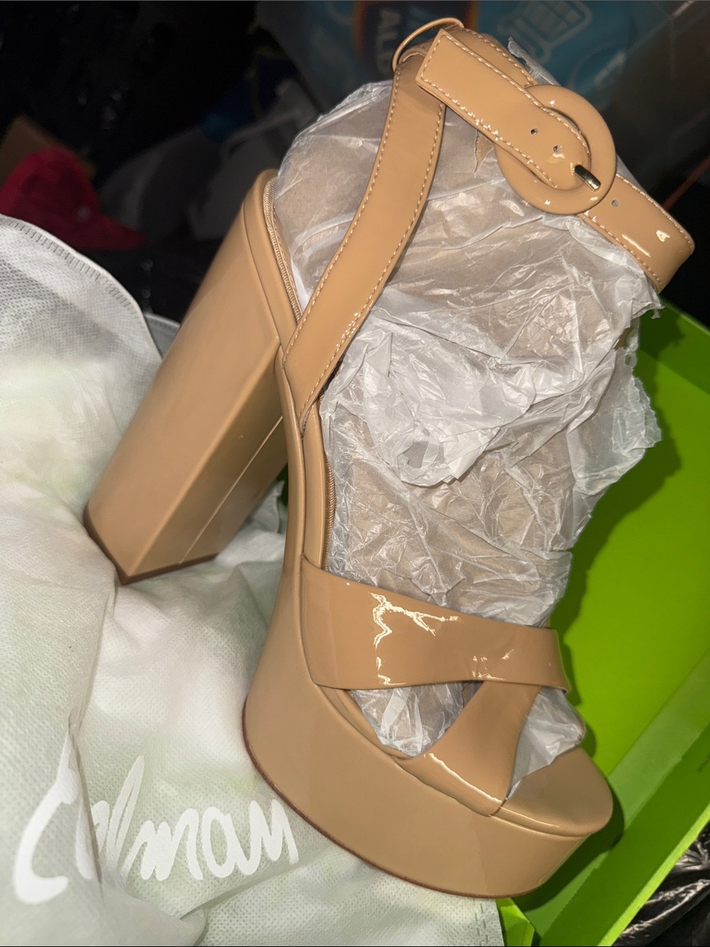 Delman Beige Patent Platform Block Heel Sandal with Ankle Strap